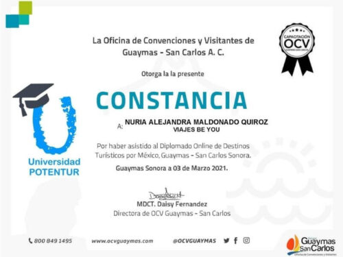 Oficina de COnvenciones y Visitantes de Guaymas San Carlos - Constancia a Viajes BeYou